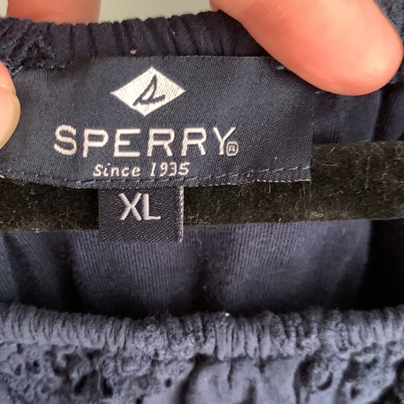 Sperry size XL navy eyelet romper with pockets and tie belt, fully lined - Picture 3 of 6